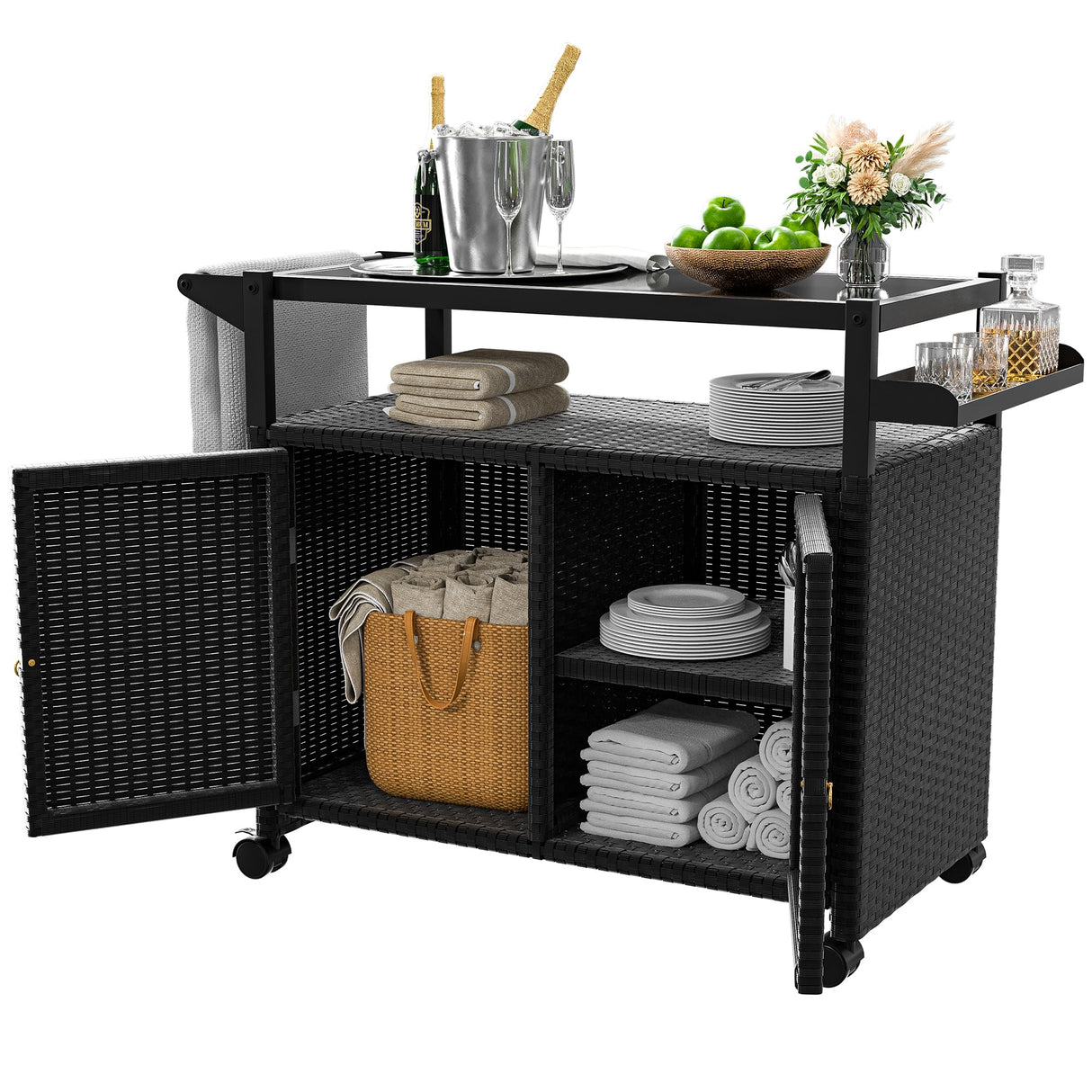 Xilingol Outdoor Bar Table, Wicker Bar Cart with Cabinet, Patio Serving Cart with Tempered Glass Top, Lockable Wheels, Rounded Handle & Side Basket for Garden, Poolside & Backyard, Black Xilingol