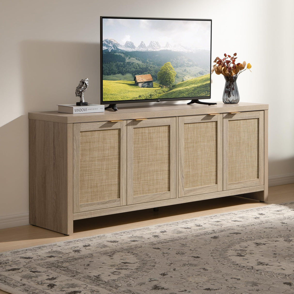 SICOTAS TV Stand for Living Room Boho Entertainment Center for Bedroom with 4 Rattan Cabinets Farmhouse Television Stands with Storage Large Media Console Table for TVs up to 45 50 55 60 65 Inch SICOTAS