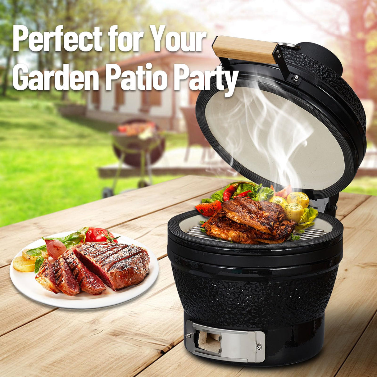 GarveeLife 13-Inch Portable Ceramic Charcoal Grill with Grill Stand, Egg Shaped Ceramic Charcoal Grill w 10.6" Stainless Steel Cooking Grate, Heat Deflectors and Ash Tool for Outdoor Barbecue, Baking GarveeLife