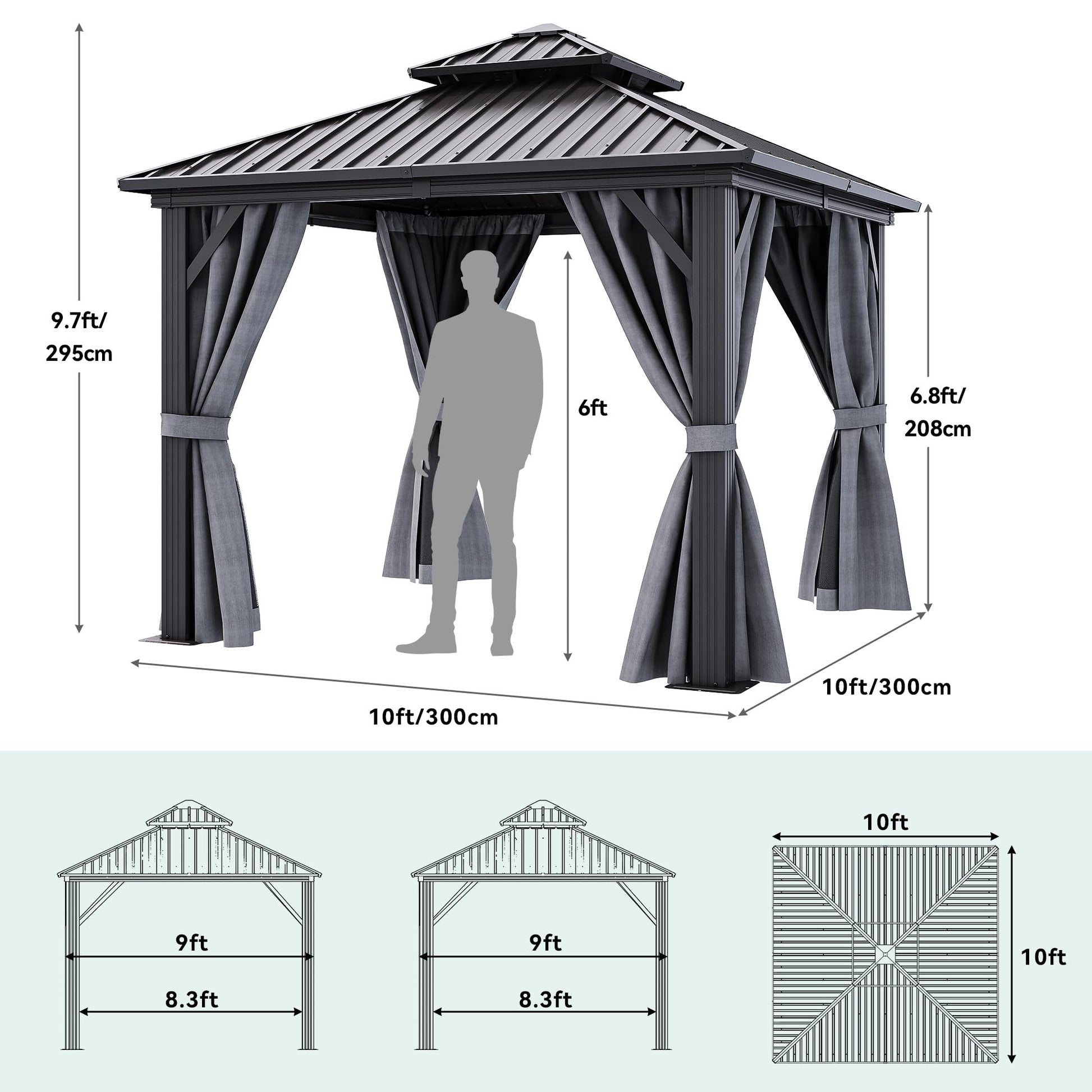 YITAHOME 10x10ft Gazebo Hardtop with Nettings and Curtains, Heavy Duty Double Roof Galvanized Steel Outdoor Combined of Vertical Stripes Roof for Patio, Backyard, Deck, Lawns, Gray - WoodArtSupply