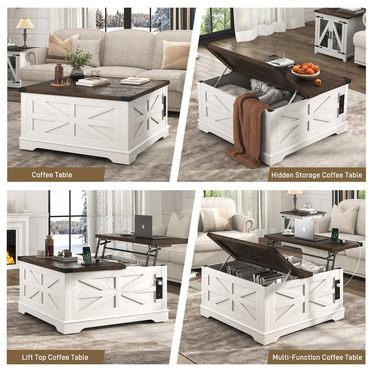 Hlivelood 36" Farmhouse Movable Lift Top Coffee Table with Storage and Power Outlets, Square Wood Living Room Tables with Wheels&Large Hidden Space, Lift Wooden Barn Door Center Table, White Hlivelood