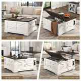 Hlivelood 36" Farmhouse Movable Lift Top Coffee Table with Storage and Power Outlets, Square Wood Living Room Tables with Wheels&Large Hidden Space, Lift Wooden Barn Door Center Table, White Hlivelood