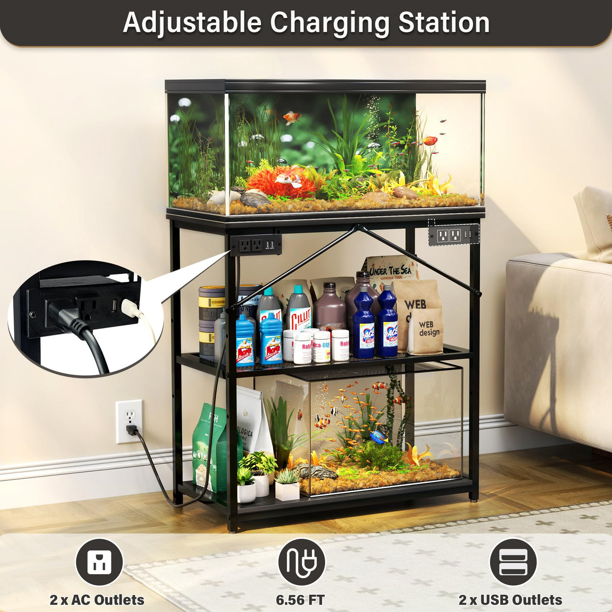 TC-HOMENY Fish Tank Stand 10-30 Gallon, 1000LB Capacity Aquarium Stand with Charging Station，31" L x 16" W Metal Reptile Tank Stand, Double Storage Design Adjustable Boards, Black (Tank not Included) TC-HOMENY