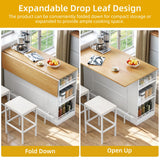 DWVO Kitchen Island Set with 2 Stools and Drop Leaf 3 Piece Kitchen Dining Table Set, 47 Inch Kitchen Island with Seating, Storage Cabinet on Wheels with Power Outlet, Spice Rack (White Oak) DWVO