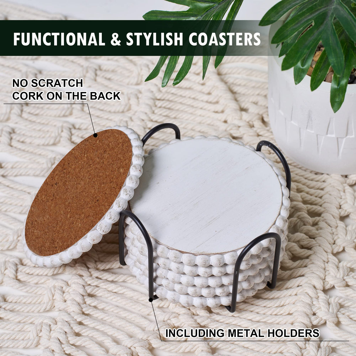 GENMOUS 6 Pack Farmhouse Wooden Bead Coasters with Metal Holder for Coffee Table Decor, Round Handmade Cup Coasters Set for Drinks Absorbent, Rustic Cute Coasters for Home Kitchen Table Décor GENMOUS & CO.