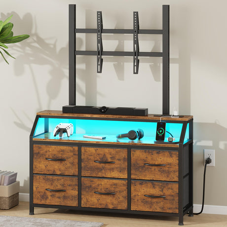 GYIIYUO LED TV Stand with Mount and Power Outlet & 6 Fabric Drawers for 32-75 Inches TV - Entertainment Center and Industrial TV Dresser Console Table for Living Room, Bedroom- 47" Rustic Brown GYIIYUO