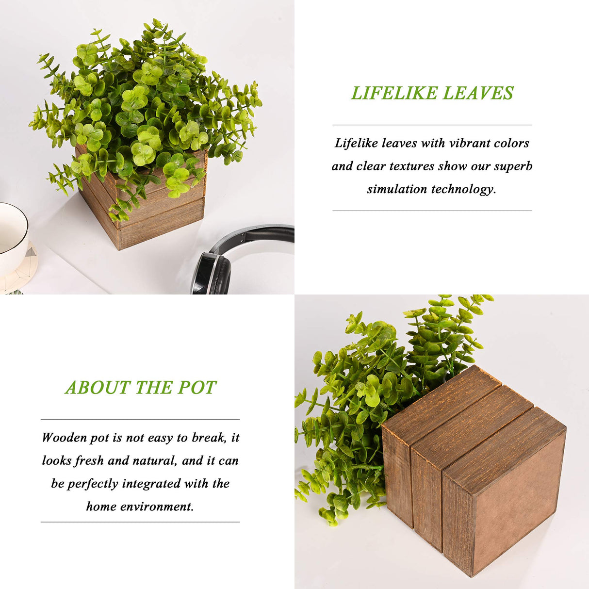 Vlorart Small Fake Plants, 2Pack Mini Potted Artificial Plastic Boxwood Fern Green Decorative Plant in Wooden Potted, Fake Desk Plant for Farmhouse Home Decor Office Bathroom Desk Room Indoor Outdoor Vlorart