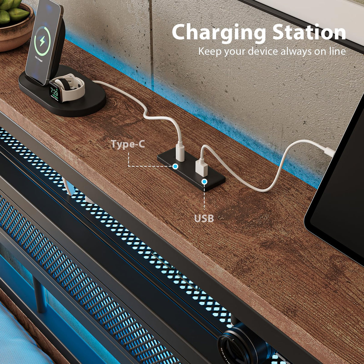 ZENBEDING Led Bed Frame Queen Size, Metal Platform Bed Frame with 2-Tier Storage Headboard, Mesh Queen Bedframe with Charging Station, Easy Assembly and No Box Spring Needed (Rustic Brown) ZENBEDING