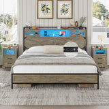Hasuit Rustic Oak Queen Bed Frame with LED Lights, Charging Station & Storage Headboard Hasuit