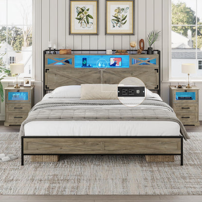 Hasuit Rustic Oak Queen Bed Frame with LED Lights, Charging Station & Storage Headboard - WoodArtSupply