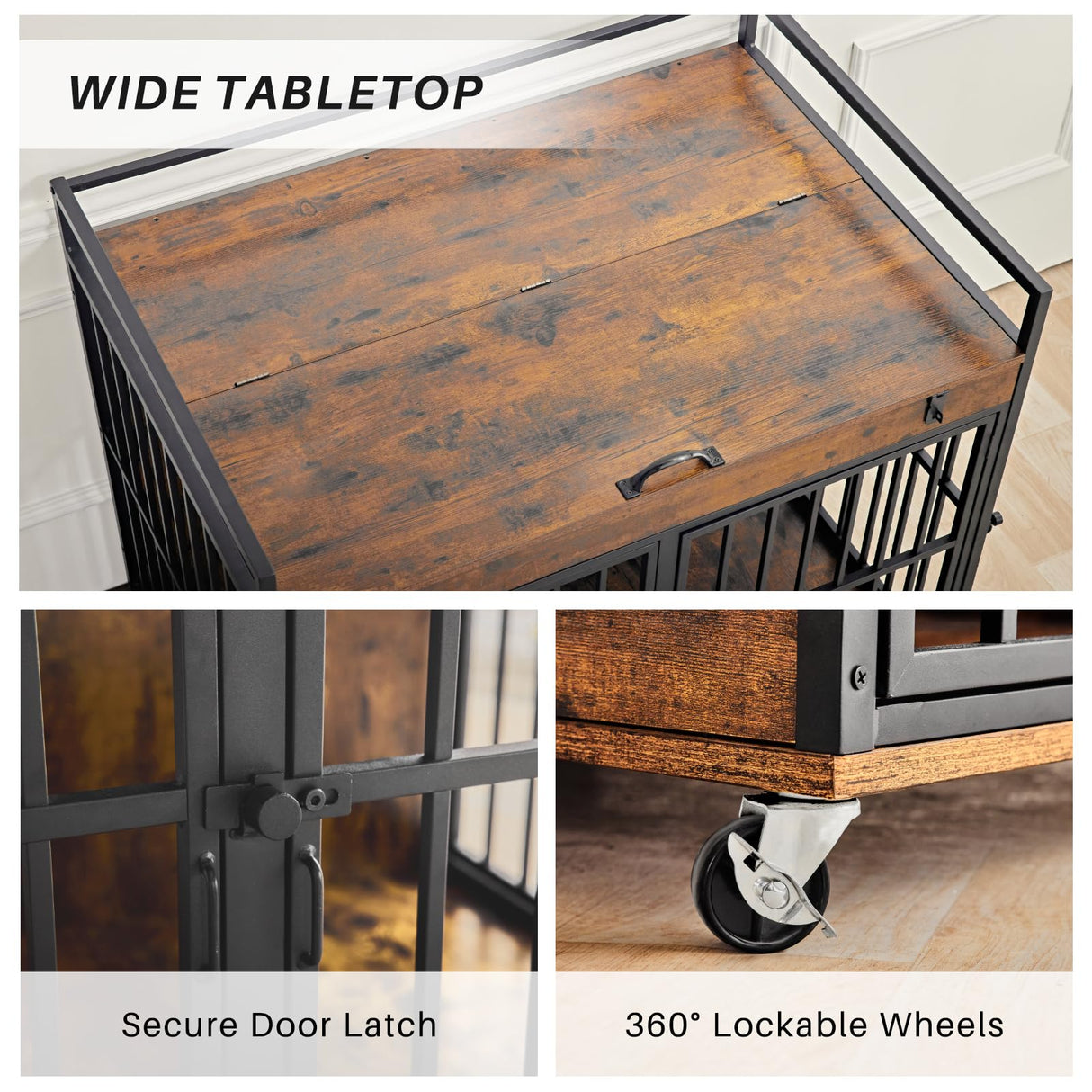 Extra Large Dog Crate Furniture, Dog Crates Furniture for Medium/Large Dogs Indoor, Heavy Duty Dog House with Wheels, Feeder Bowls & Flip Top, Large Dog Crate 44" L x 30" W x 38" H Redlifeᅟᅠ