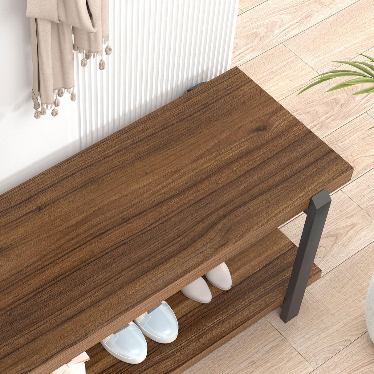 FOLUBAN Entryway Bench with Shoe Storage, Modern End of Bed Bench, Wood and Metal Entry Bench for Hallway Front Door Entrance, Industrial Indoor Bench for Bedroom Living Room, Rustic Walnut, 47 Inch FOLUBAN