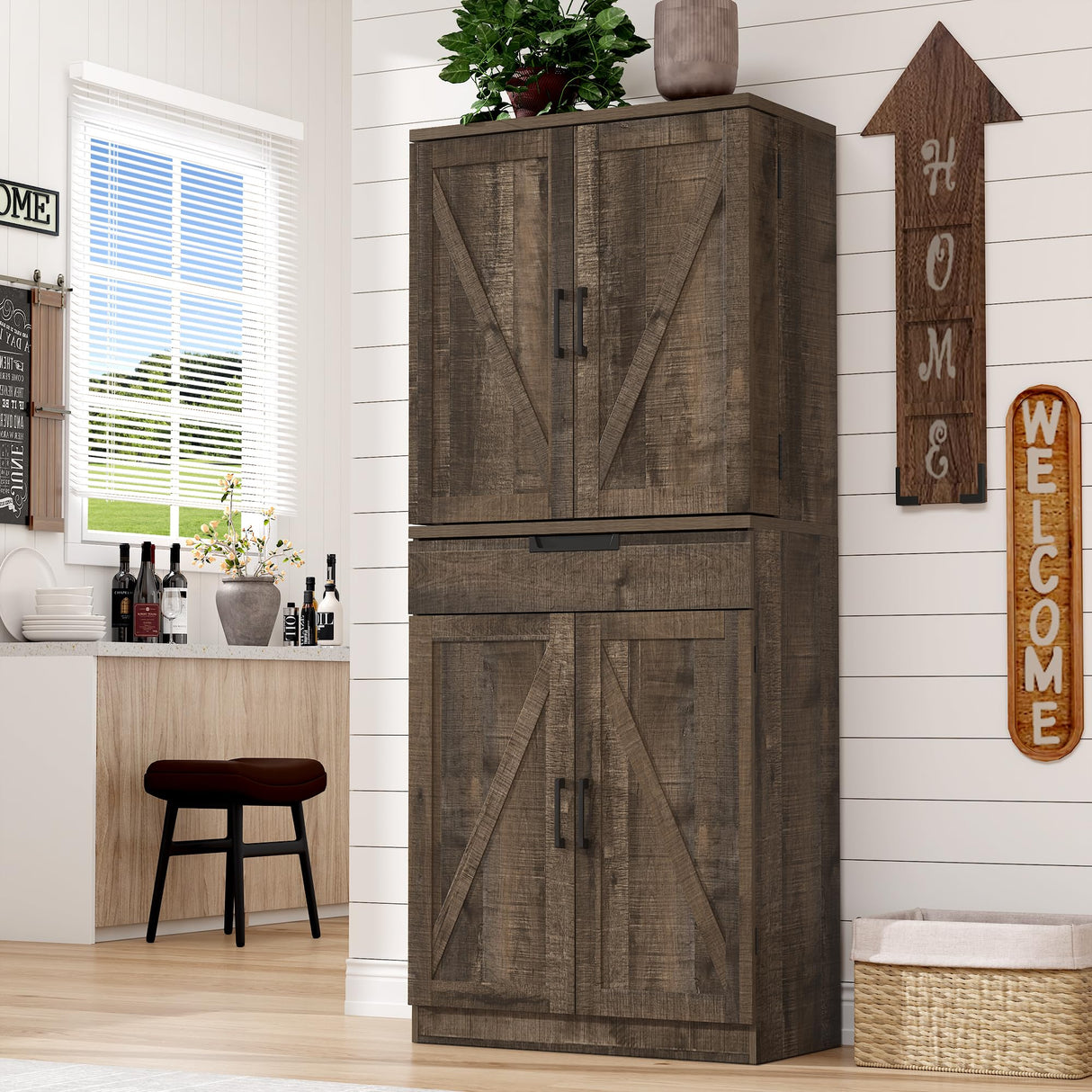 BOMETAO 72" Tall Kitchen Pantry Cabinet with X-Barn Doors, Farmhouse Storage Cabinets with Organizer, Drawer and Adjustable Shelves, Wood Cupboard for Kitchen, Dining Room, Bathroom, Rustic Brown BOMETAO