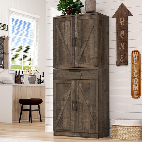 BOMETAO 72" Tall Kitchen Pantry Cabinet with X-Barn Doors, Farmhouse Storage Cabinets with Organizer, Drawer and Adjustable Shelves, Wood Cupboard for Kitchen, Dining Room, Bathroom, Rustic Brown BOMETAO