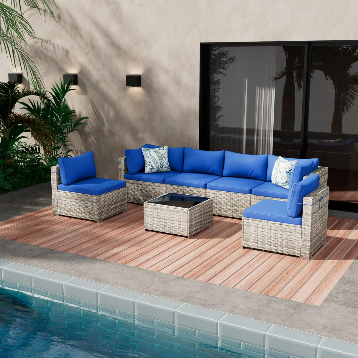 Tradare 7 Piece Patio Furniture Set, Outdoor Wicker Patio Sofa Set, PE Rattan Sectional Couch with Glass Table and Blue Cushions, All-Weather 7 Piece Outdoor Patio Furniture Sets, Grey Tradare