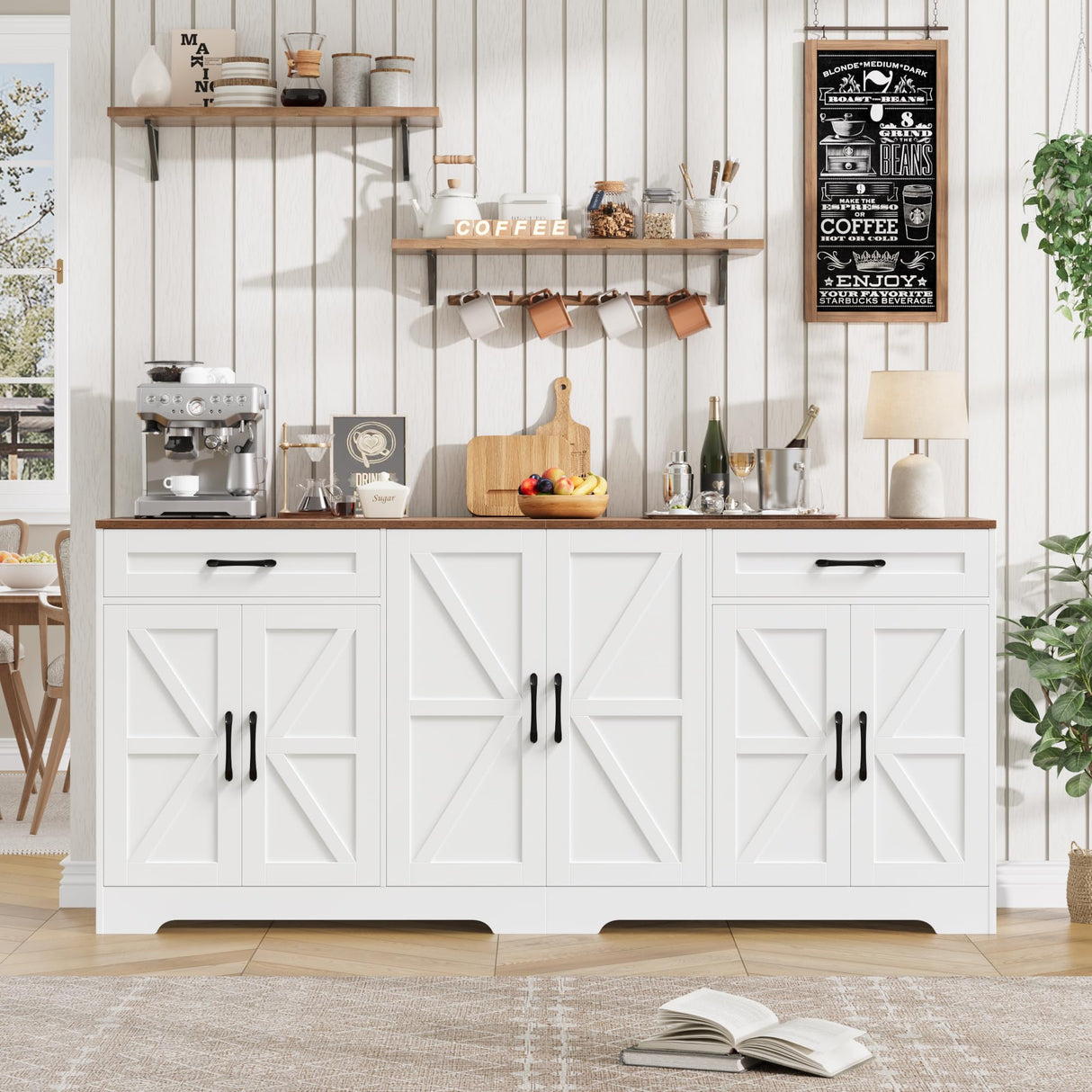 BOTLOG 71” Large Sideboard Buffet Cabinet with Storage, Farmhouse Kitchen Buffet Cabinet with Adjustable Shelves and 6 Barn Doors, Wood Coffee Wine Bar Console Table for Kitchen, Dining Room, White BOTLOG