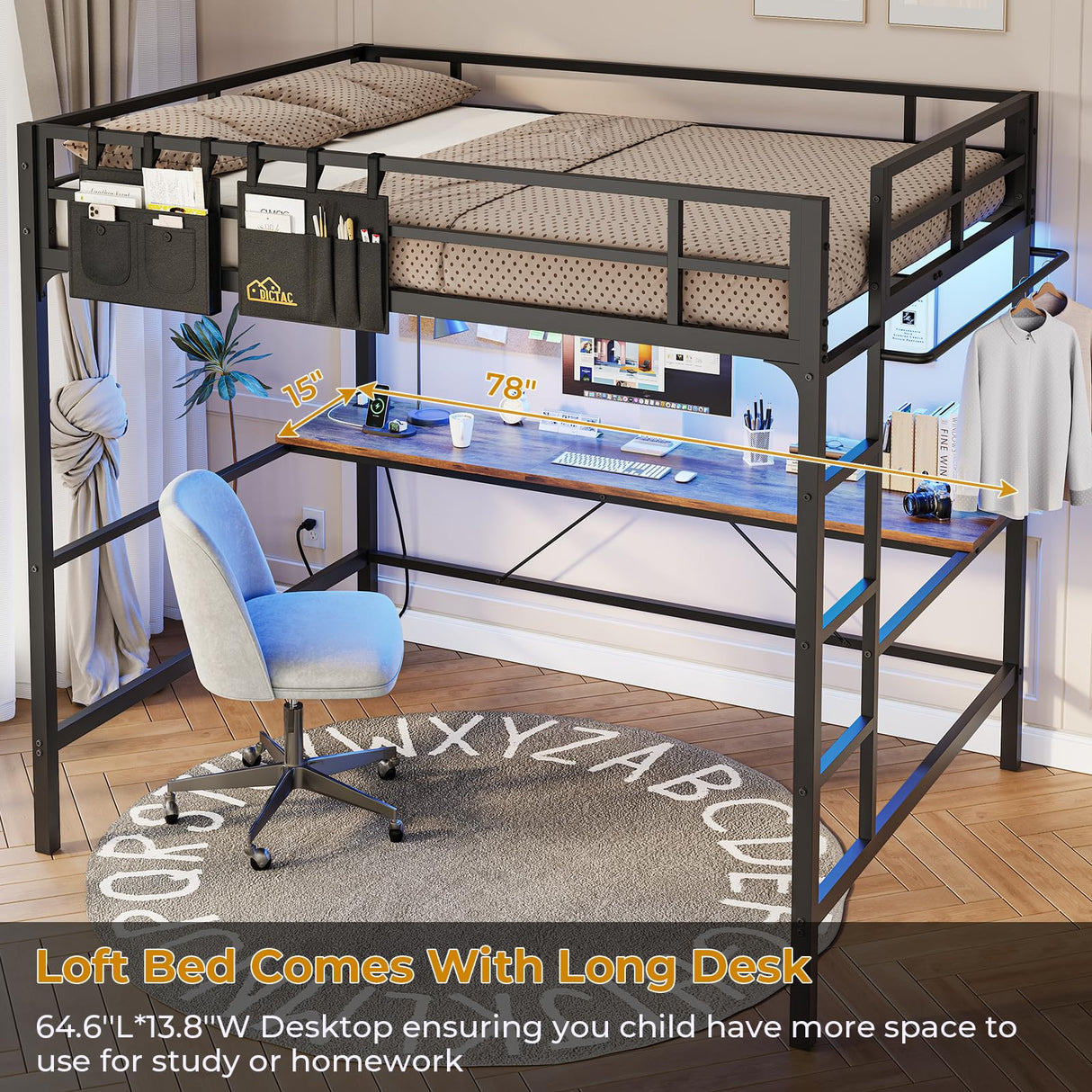 DICTAC Loft Bed Full Size with Desk and Led Lights Full Metal Loft Bed with Charging Station Full Size Metal Bed Frame with Safety Guard & Ladder, Space-Saving,No Noise,No Box Spring Needed, Black DICTAC