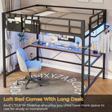 DICTAC Loft Bed Full Size with Desk and Led Lights Full Metal Loft Bed with Charging Station Full Size Metal Bed Frame with Safety Guard & Ladder, Space-Saving,No Noise,No Box Spring Needed, Black DICTAC