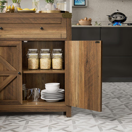 JUMMICO Coffee Bar Cabinet Farmhouse Kitchen Sideboard Buffet Cabinet with Drawer and Adjustable Shelf Barn Door Storage Cabinet for Kitchen, Dining Room, Bathroom, Entryway (Brown) JUMMICO