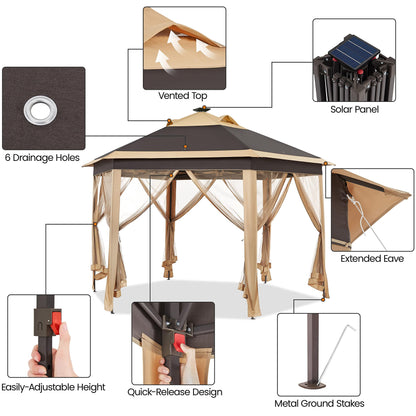 Yaheetech 13×13 Pop-Up Patio Gazebo Tent W/Mesh Netting Sides & 25 Solar LED Lights, Hexagonal Double Vented 3 Height Adjustable Gazebo with Storage - WoodArtSupply