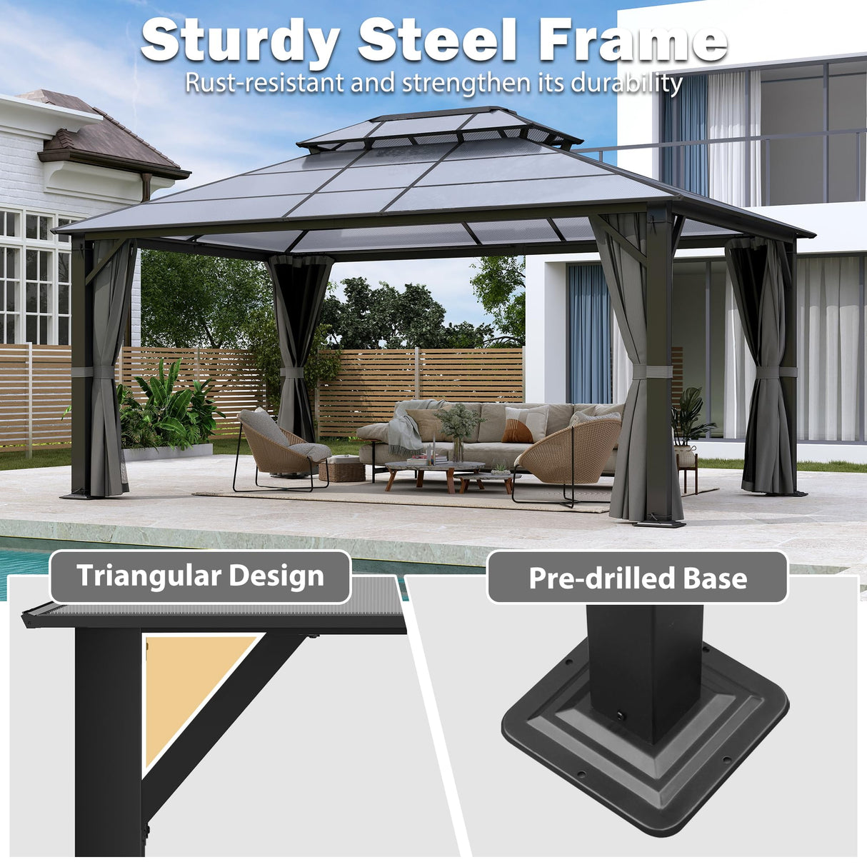 Raysfung Hardtop Gazebo 12' x 16', Patio Gazebos with Polycarbonate Roof & Steel Frame, Outdoor Pavilion with Gray Curtain&Netting for Backyard/Lawn/Garden/Deck Raysfung