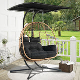 Double Egg Swing Chair with Stand & Adjustable Canopy, Outdoor Indoor Hanging Egg Chair, Handwoven Pe Rattan Loveseat with Uv-Resistant Cushions, 680Lbs Capacity for Patio, Garden, Balcony (Black) Nevsokio