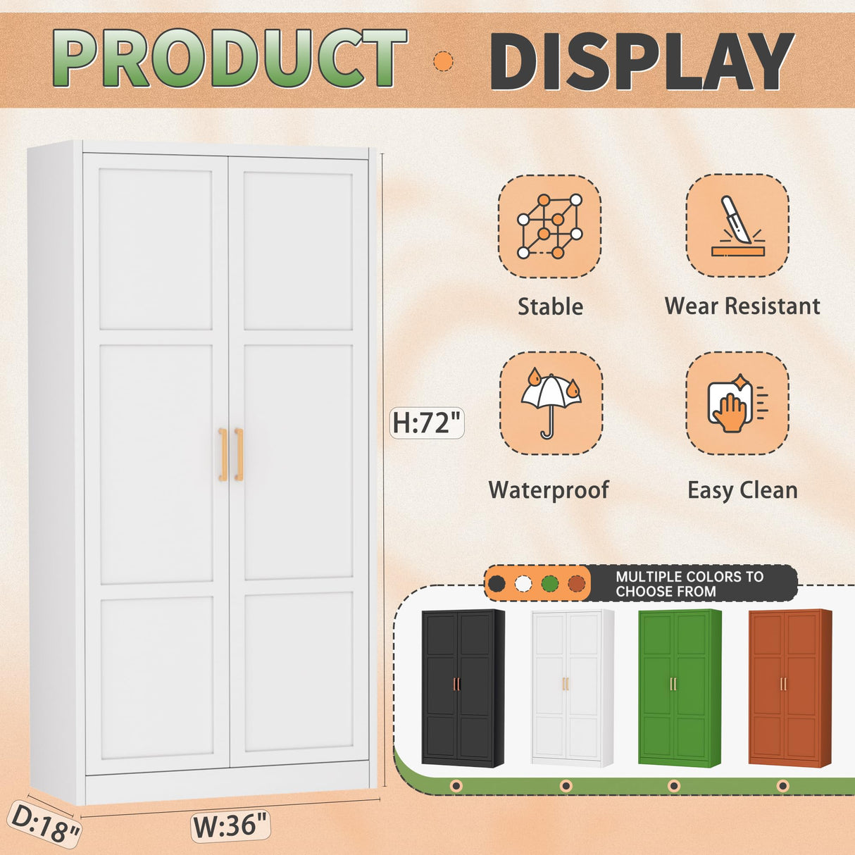 Greenvelly Metal Wardrobe Cabinet with Wooden Handle, 72" Metal Wardrobe Closet with Hanging Rods and Adjustable Shelves, Clothing Storage Closet Cabinet for Home, Office, Employee, Gym (White) Greenvelly