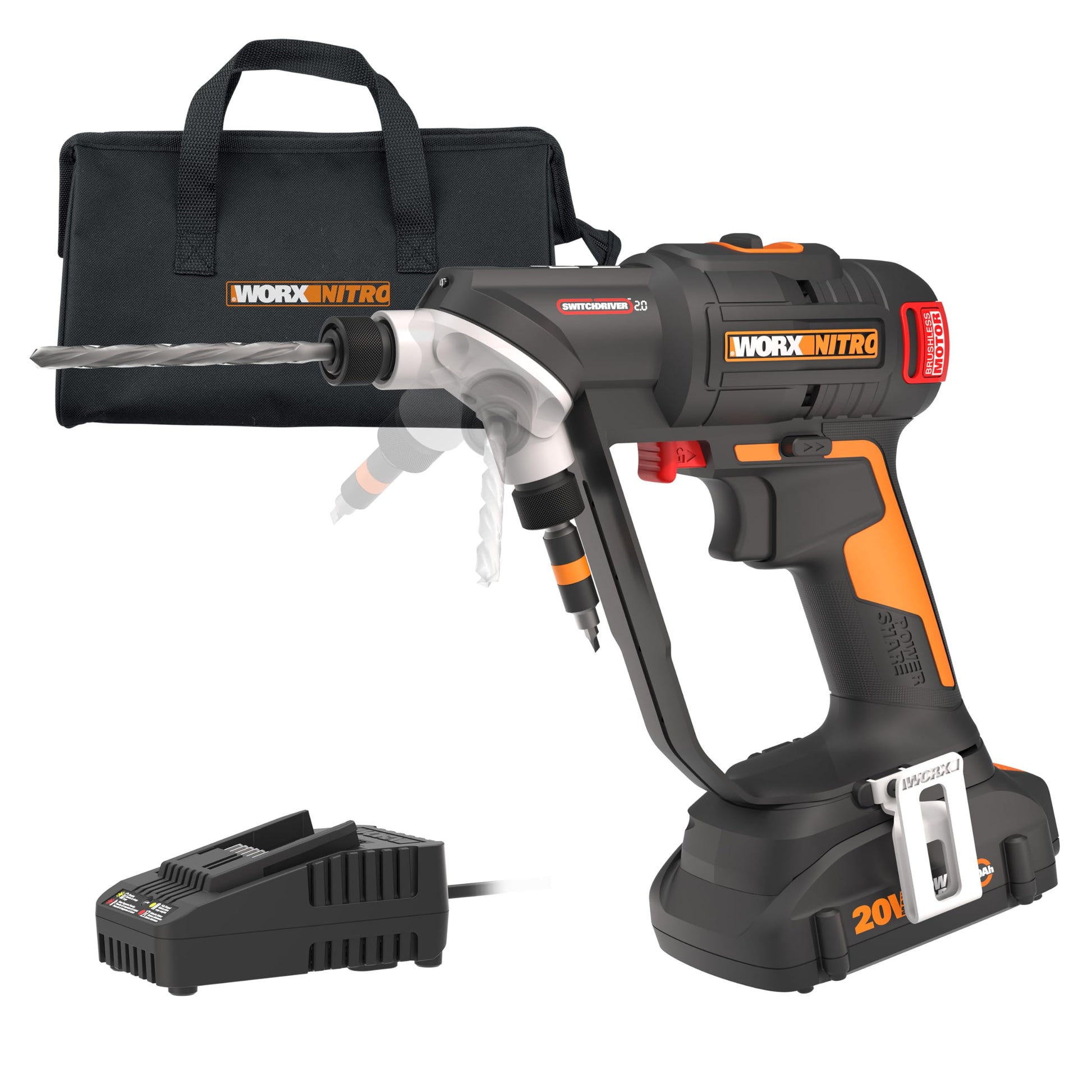 Worx Nitro 20V SwitchDriver 2.0, 2-in-1 Brushless Cordless Drill Driver, Drill Set Rotatable Dual 1/4" Chucks, Compact Cordless Drill with Digital Torque Setting WX177L – (Battery & Charger I - WoodArtSupply