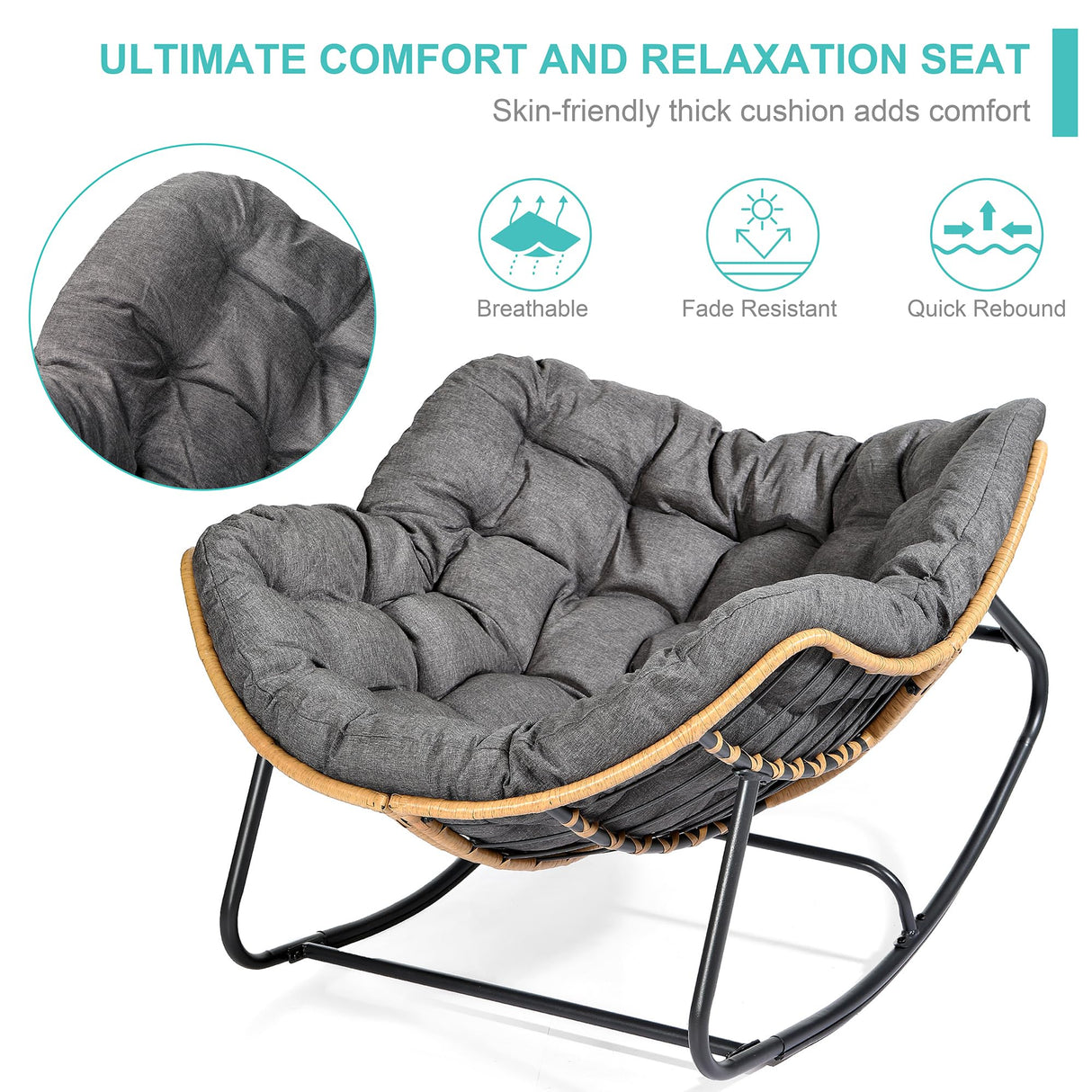 SWITTE Outdoor Rocking Egg Chair, Indoor Papasan, Rattan Wicker Lounge, Modern Royal for Bedroom, Living Room, Porch, Garden, Lawn - Dark Grey SWITTE