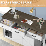 RQZ 65" Double Dog Crate Furniture for 2 Dogs Heavy Duty Wood Dog Cage Table with 3 Storage Drawers and 4 Stainless Steel Bowls Dog Kennel Indoor for Medium Large Dogs RQZ