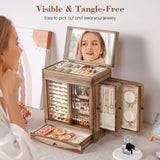 Honiway Jewelry Box for Women, 5 Layer Rustic Wooden Jewelry Organizer with Glass Window, 4 Drawers, Mirror, Large Jewelry Storage Display for Earrings Rings Necklaces Bracelets (Rustic Brown) Honiway