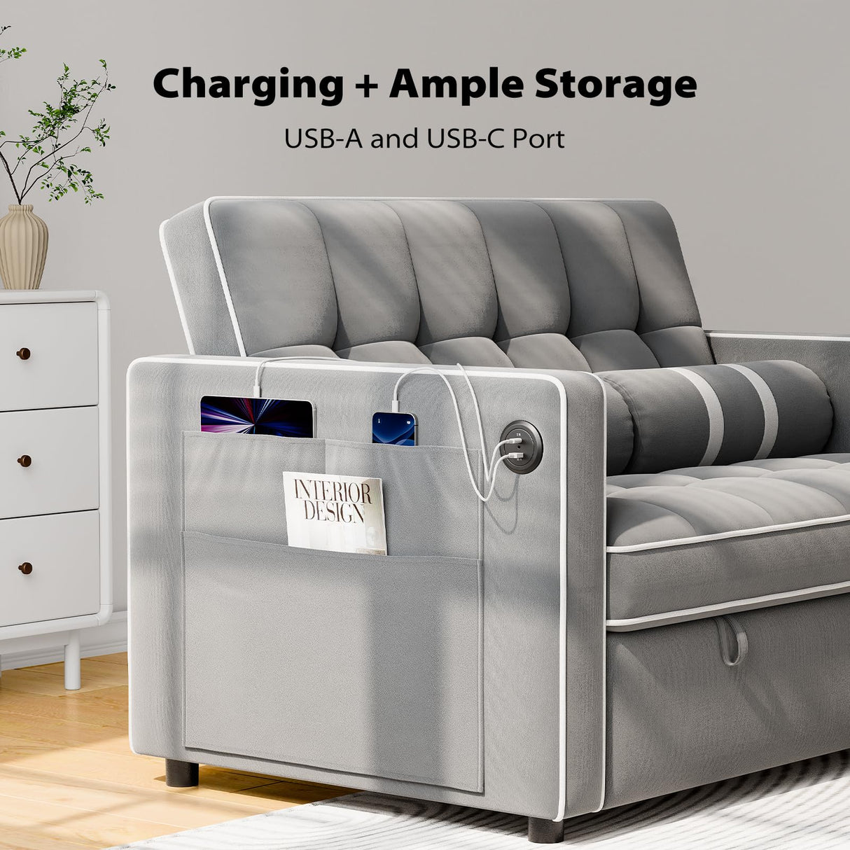 Pipishell 3 in 1 Convertible Sleeper Sofa Bed,Pull Out Couch for Living Room with USB Ports & Side Pockets,Adjustable Backrest,Velvet,Loveseat Sofa Bed,Futon Couches Pipishell