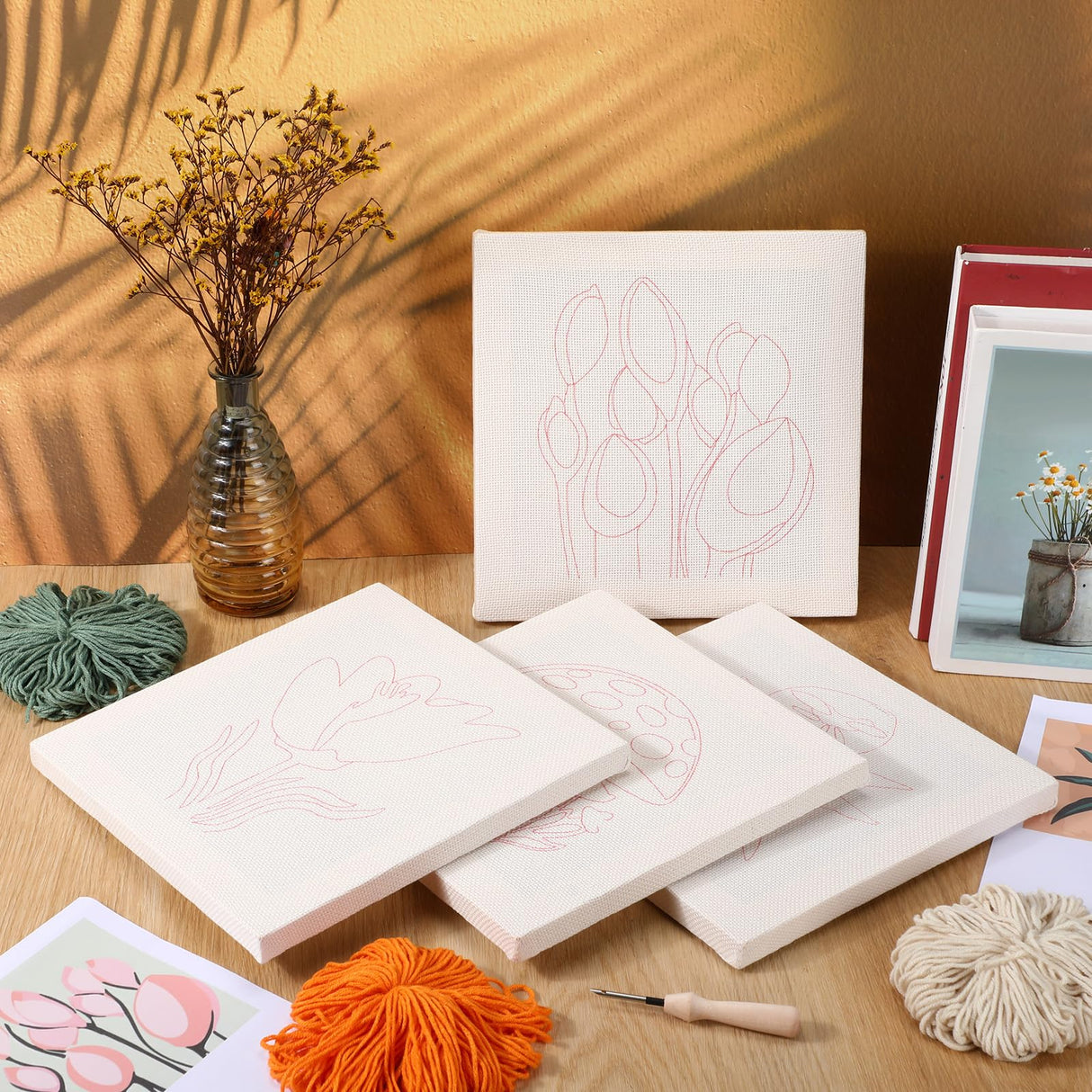 Daifunli 4 Sets Punch Needle Kit with Frame for Beginners 10 x 10 Inch Embroidery Starter Kits Punch Needle Kit with Pattern, Threader, Yarns, Tools for Adults Craft DIY Christmas Birthday Daifunli