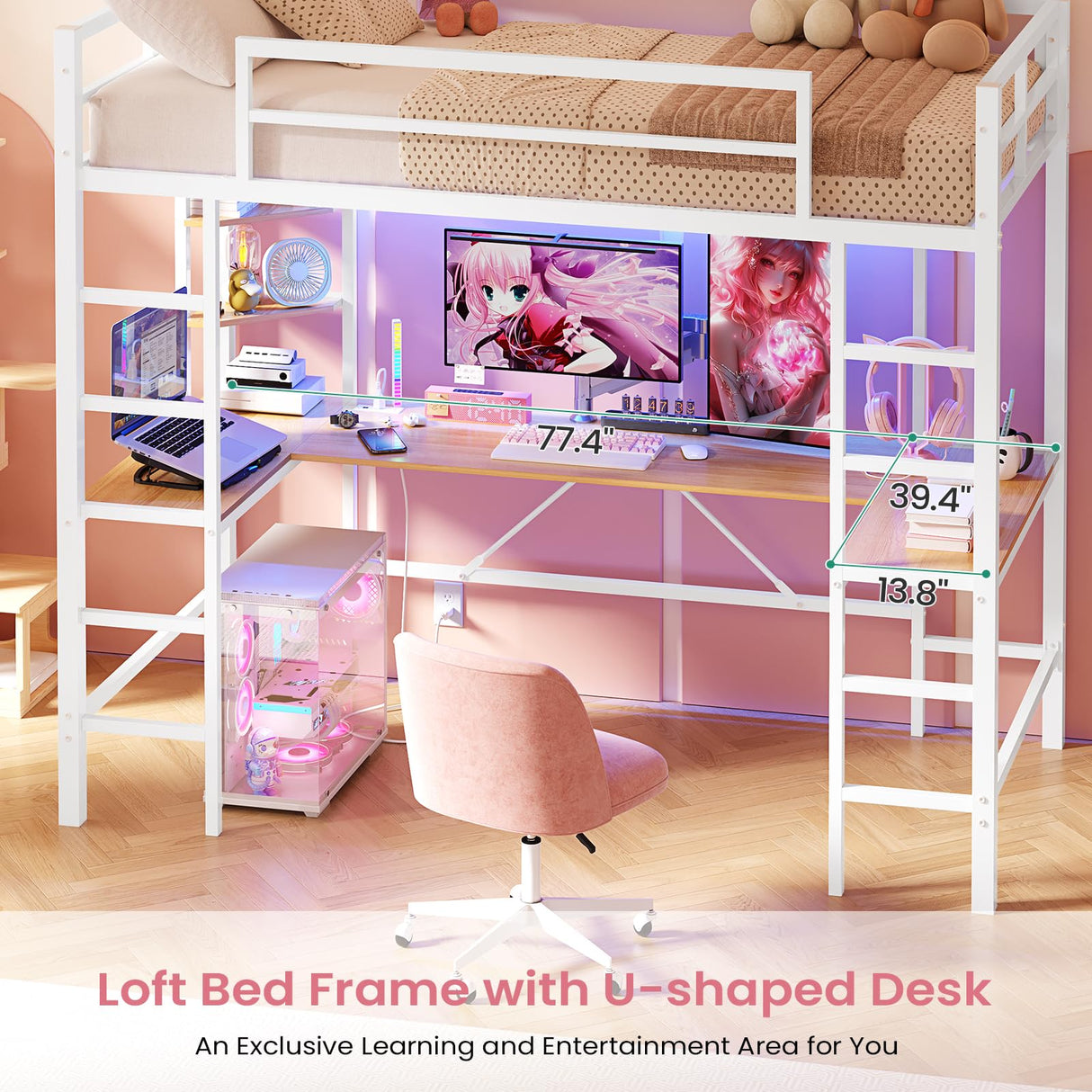 Hasuit Twin Size Loft Bed with U-Shaped Desk, Charging Station &LED Lights, Twin LED Loft Bed with Open Storage Shelves, Safety Guardrail & Double Ladder,No Box Spring Needed, White Metal Loft Bed Hasuit