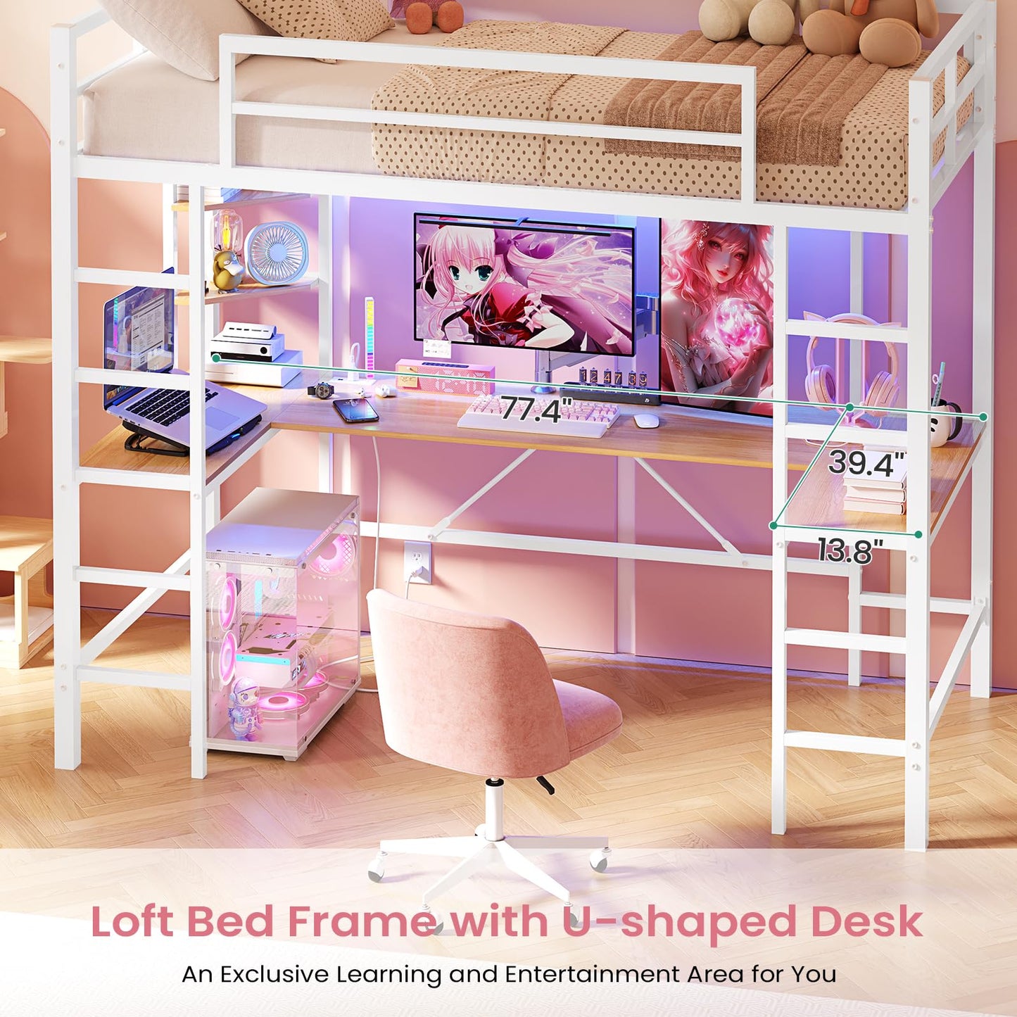 Hasuit Twin Size Loft Bed with U-Shaped Desk, Charging Station &LED Lights, Twin LED Loft Bed with Open Storage Shelves, Safety Guardrail & Double Ladder,No Box Spring Needed, White Metal Loft Bed