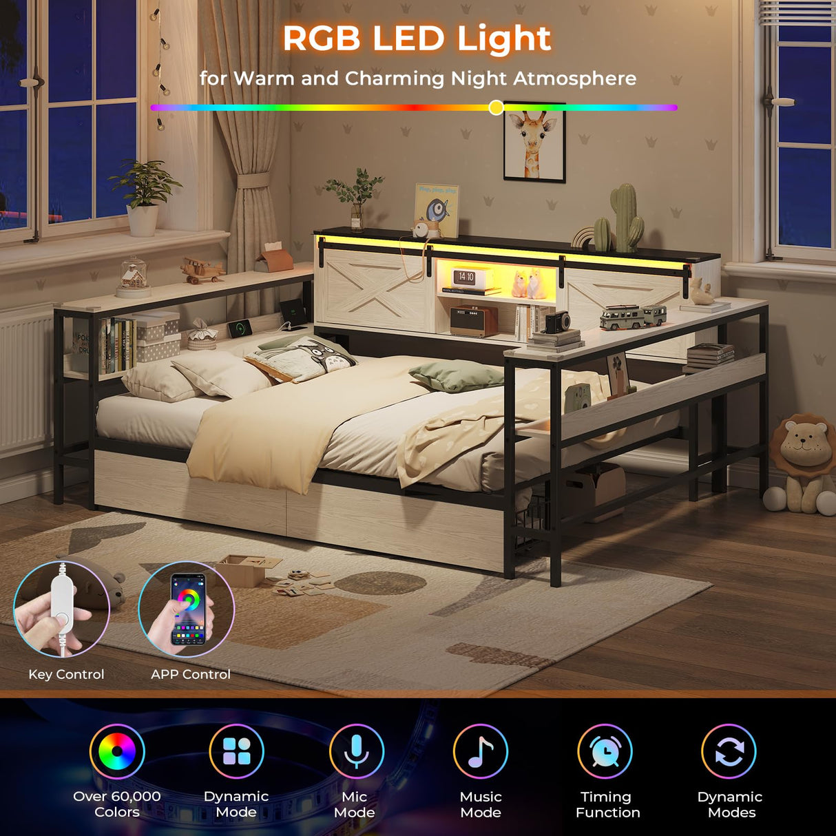 Hasuit Full Corner Bed with Drawers and Bookcase Storage Shelves, Full Daybed with Charging Station & LED Light, Farmhouse Wooden Bed Frame with Sliding Barn Doors, No Box Spring Needed, Black & White Hasuit