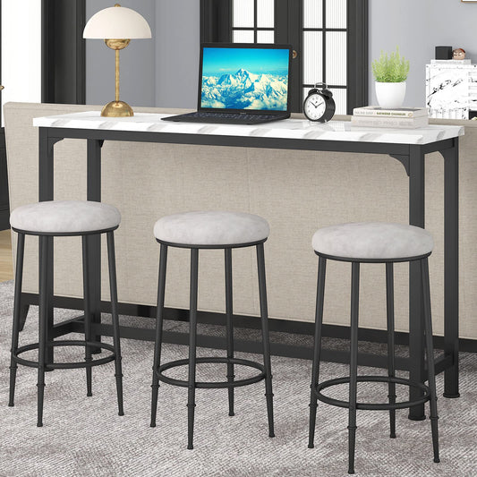 HOMYSHOPY 4-Piece Bar Table Set with 3 Stools – Modern White Marble & Black Steel Console for Small Spaces