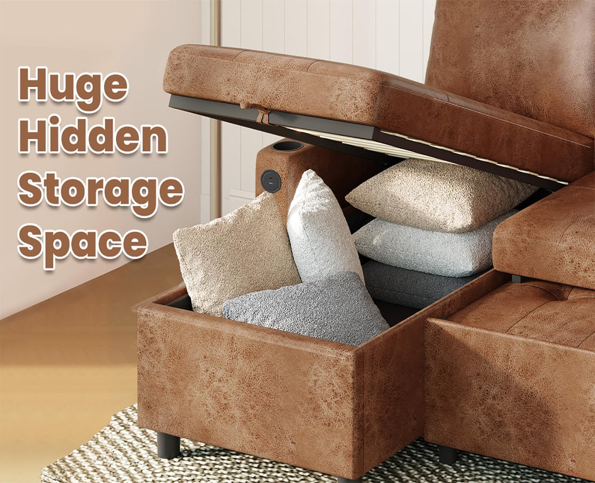 JFHID Leather Sleeper Sofa Couch with Pullout Bed, 83.5'' Sofa Bed Pull Out Couch with Reversible Storage Chaise, Sectional Couches with USB Charging Ports&Cup Holders for Living Room, Brown JFHID