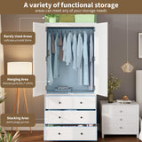 Senfot Armoire Wardrobe Closet with 3 Drawers and 2 Doors, Modern Wooden Wardrobe Cabinets for Hanging Clothes, Tall Standing Bedroom Armoires, Heavy Duty, White Senfot
