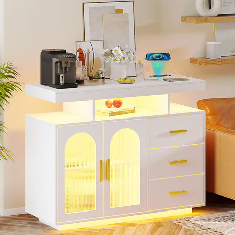 JDPAG Sideboard Buffet Cabinet with Wireless Charging Station 40", LED Side Board with 24 RGB Dimmable Lights, Coffee Bar Cabinet with 3 Drawers Storage for Kitchen, Living Room JDPAG