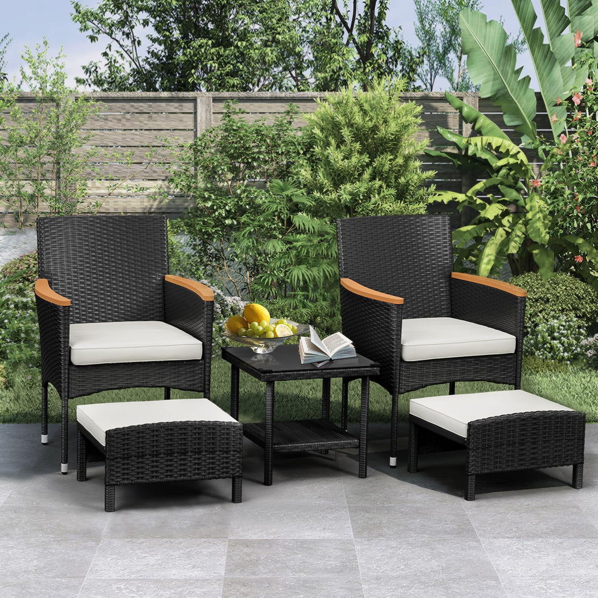 ARTBUSKE 5 PCS Outdoor Patio Furniture Set with Table&Ottoman Outdoor Furniture Patio Set Bistro Wicker Patio Set (Black Wicker&White Cushion, 5PC - 2 Chair + 2 Ottoman + 1 Table) ARTBUSKE