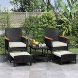 ARTBUSKE 5 PCS Outdoor Patio Furniture Set with Table&Ottoman Outdoor Furniture Patio Set Bistro Wicker Patio Set (Black Wicker&White Cushion, 5PC - 2 Chair + 2 Ottoman + 1 Table) ARTBUSKE