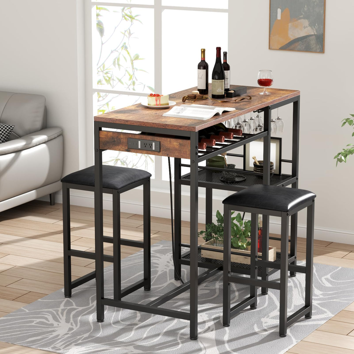 Gyfimoie Rustic Bar Table and Chair Set with Power Outlet, Storage Shelves, and Wine Rack Gyfimoie
