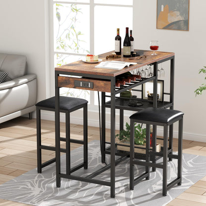 Gyfimoie Rustic Bar Table and Chair Set with Power Outlet, Storage Shelves, and Wine Rack - WoodArtSupply