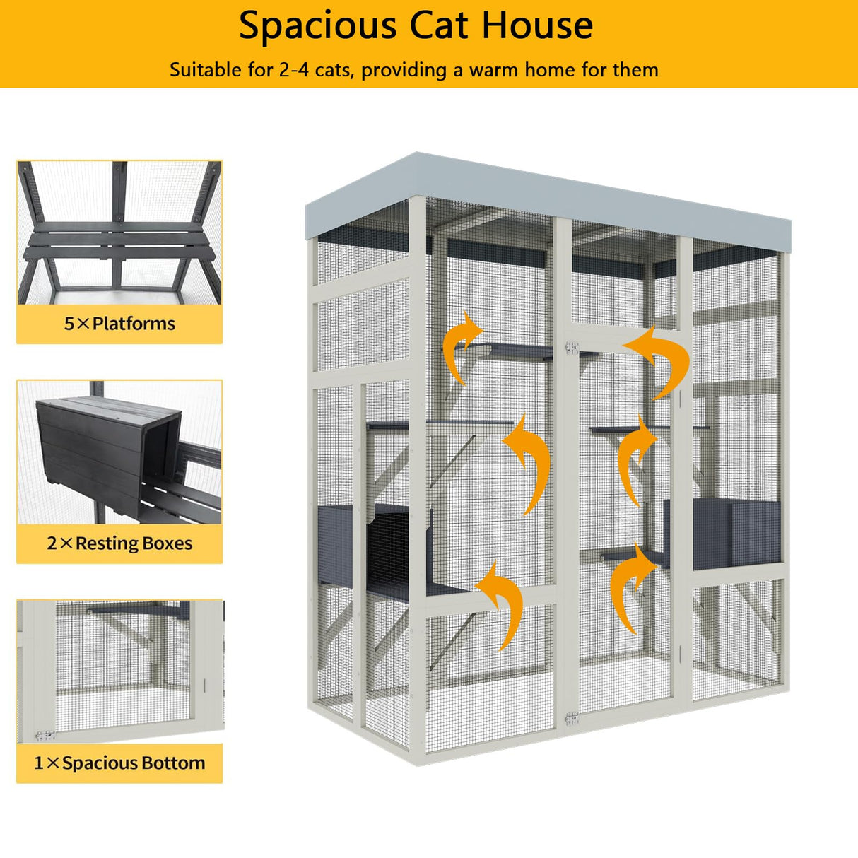 MegaChoice 70" Large Wood Catio Outdoor Cat Enclosure, Outdoor Cat Cage with Waterproof Cover,Wooden Walk in Cat Shelter Platforms & 2 Resting Box, UV Resistant (Grey) MegaChoice