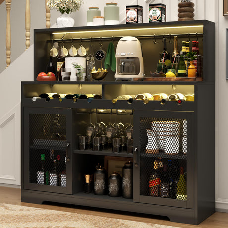 Loomie Wine Bar Cabinet with LED Light, Liquor Cabinet with Glass Holder, Coffee Bar Cabinet for Liquor, Storage Buffet Cabinet with Wine Racks, Wine Cabinet with Mesh Door (Black) Loomie