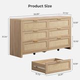SICOTAS Rattan Dresser for Bedroom, 57" Wide 6 Drawer Dresser with Ample Storage, Dressers Large Chest of Drawers, Closet, Boho TV Stand for Bedroom (Reclaimed Light Oak, 1 Piece) SICOTAS