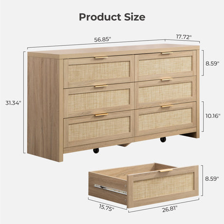 SICOTAS Rattan Dresser for Bedroom, 57" Wide 6 Drawer Dresser with Ample Storage, Dressers Large Chest of Drawers, Closet, Boho TV Stand for Bedroom (Reclaimed Light Oak, 1 Piece) SICOTAS