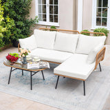 Greesum Outdoor Rope Woven Patio Furniture L-Shaped Conversation Sectional Sofa Set Detachable Lounger for Backyard Porch with Thick Cushions & Long Table, White Greesum