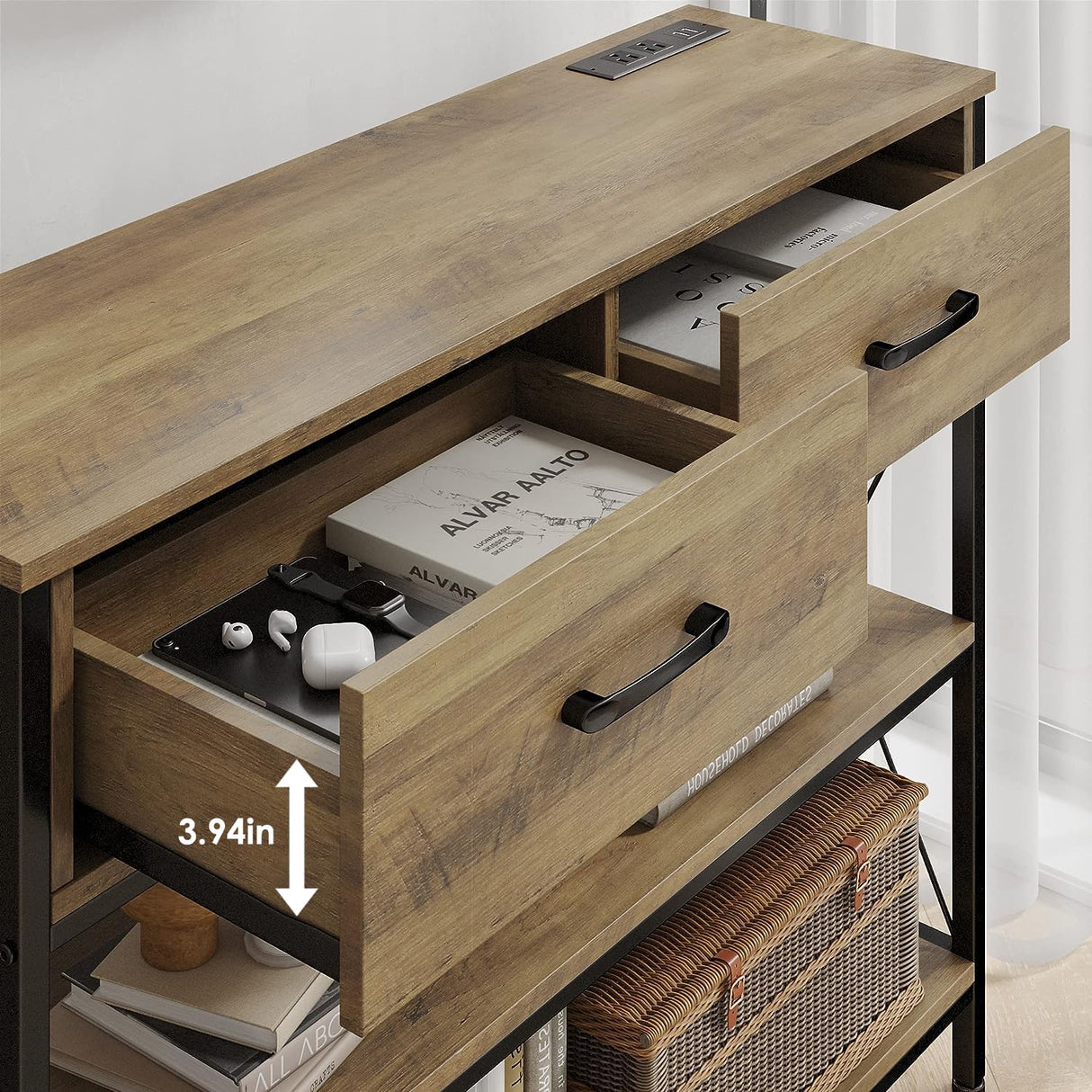 HITHOS Industrial Console Table with Drawers, Vintage Hallway Foyer Table with Storage Shelves, Narrow Long Sofa Entryway Table for Living Room, Rustic Brown HITHOS